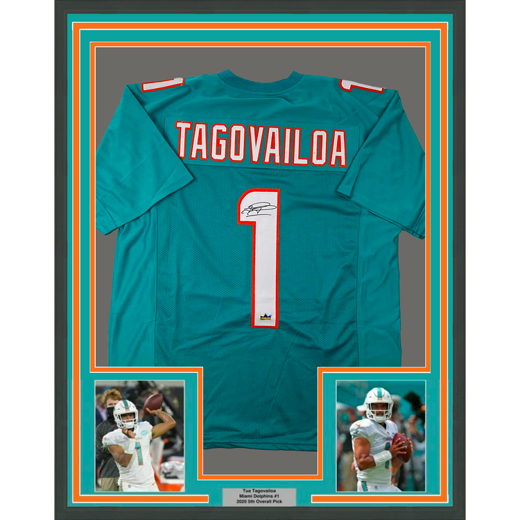 Framed Facsimile Autographed Tua Tagovailoa 35x39 Miami Teal Reprint Laser Auto Football Jersey