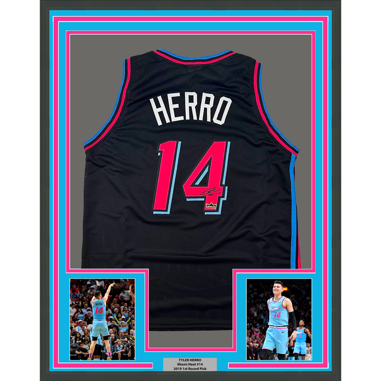 Framed Facsimile Autographed Tyler Herro 35x39 Miami Black Vice City Reprint Laser Auto Basketball Jersey