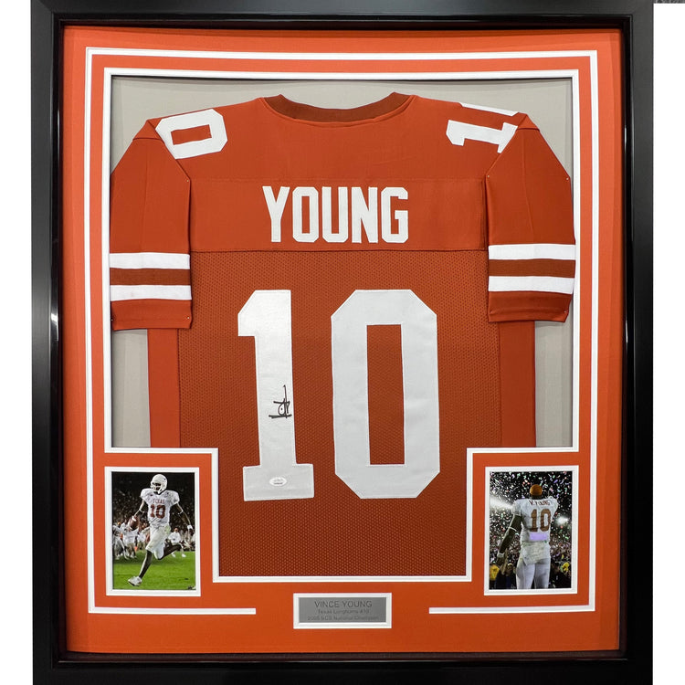 Framed Autographed/Signed Vince Young 35x39 Texas Orange College Football Jersey JSA COA