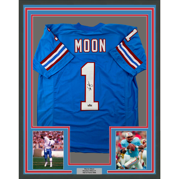 Framed Facsimile Autographed Warren Moon 35x39 Houston Blue Reprint Laser Auto Football Jersey