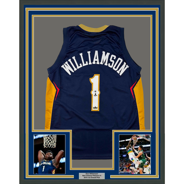 Framed Facsimile Autographed Zion Williamson 35x39 New Orleans Blue Reprint Laser Auto Basketball Jersey