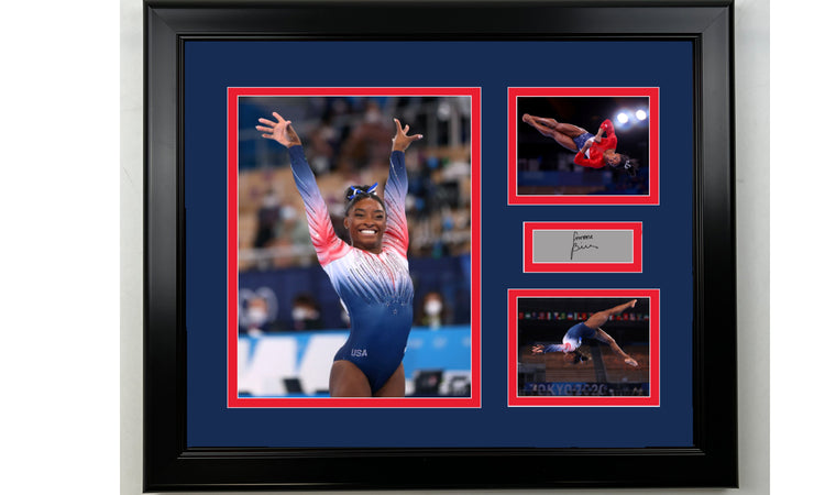 Framed Simone Biles Team USA Facsimile Laser Engraved Signature Gymnastics 14x11 3 Photo Collage