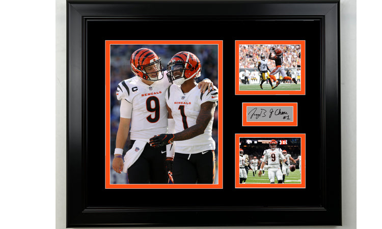 Framed Joe Burrow & Ja'Marr Chase Cincinnati Bengals Facsimile Laser Engraved Signature Football 14x11 3 Photo Collage