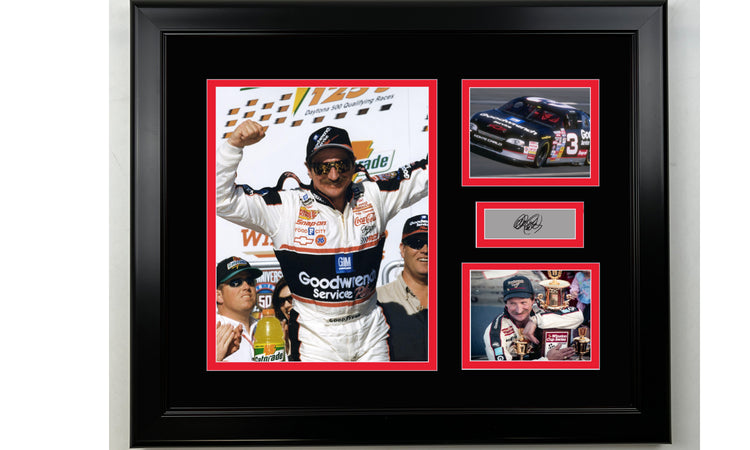 Framed Dale Earnhardt Sr. Facsimile Laser Engraved Signature NASCAR 14x11 3 Photo Collage