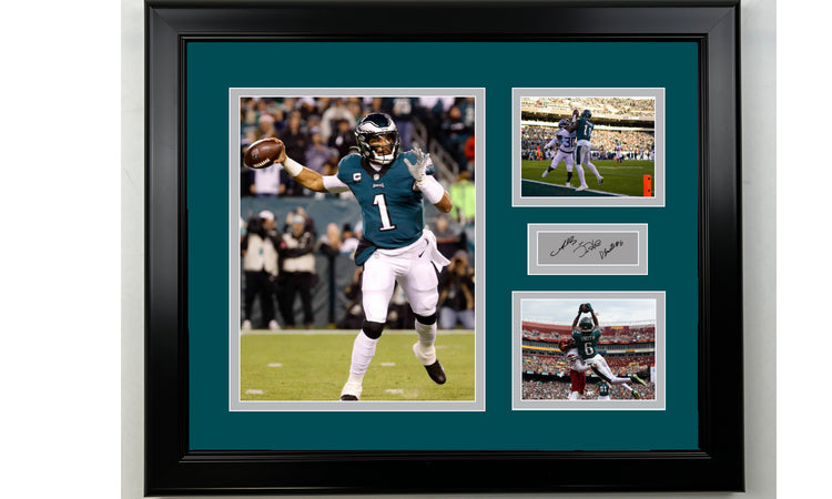 Framed Philadelphia Eagles Jalen Hurts, AJ Brown, DeVonta Smith Facsimile Laser Engraved Signature Football 14x11 3 Photo Collage