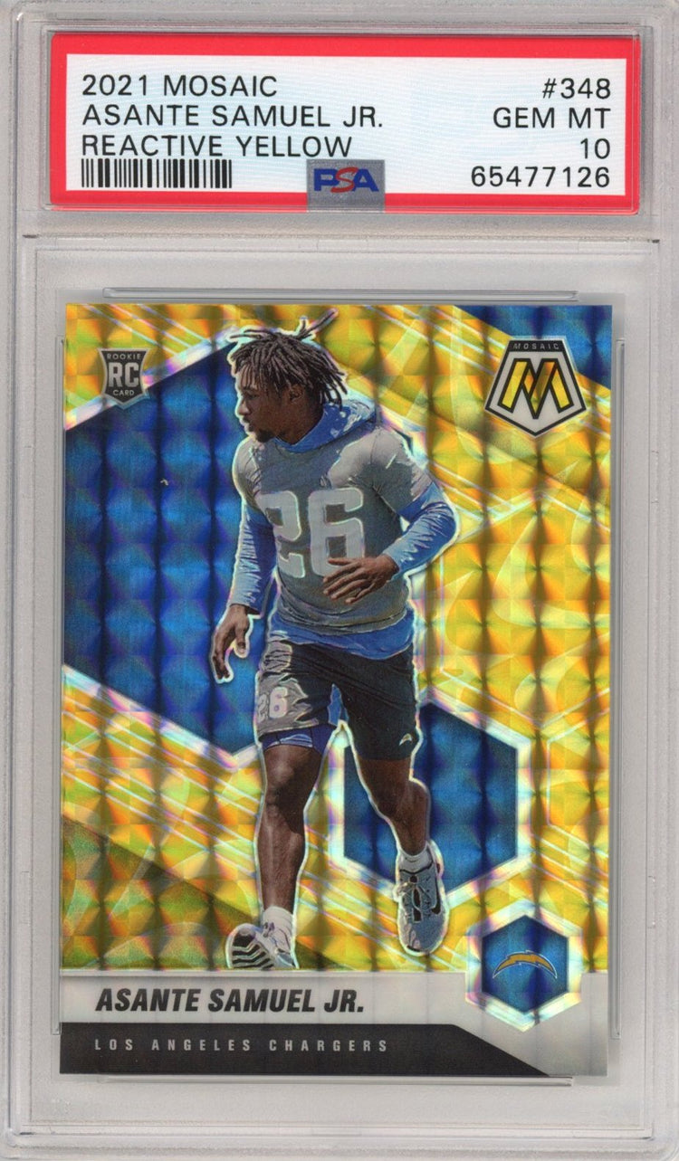 Graded 2021 Panini Mosaic Asante Samuel Jr. #348 Reactive Yellow Rookie RC Football Card PSA 10 Gem Mint