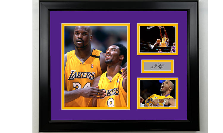Framed Kobe Bryant & Shaquille O'Neal Los Angeles Lakers Facsimile Laser Engraved Signature Basketball 14x11 3 Photo Collage