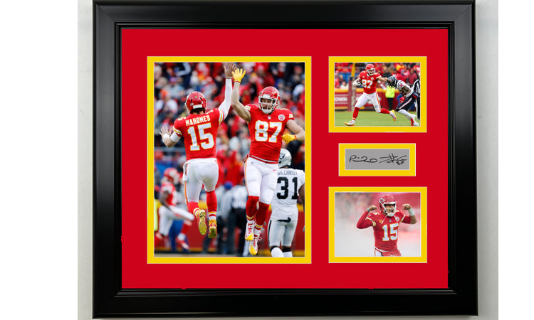 Framed Kansas City Chiefs Patrick Mahomes & Travis Kelce Facsimile Laser Engraved Signature Football 14x11 3 Photo Collage