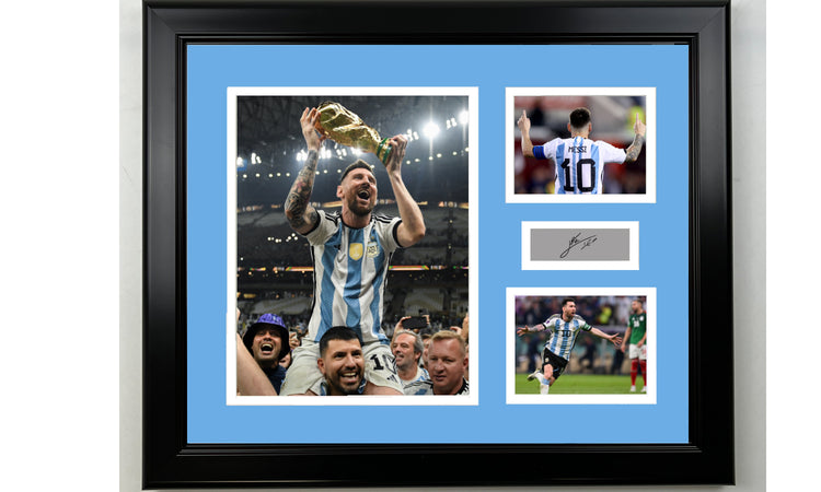 Framed Argentina Lionel Messi 2022 World Cup Champions Facsimile Laser Engraved Signature 14x11 3 Photo Collage