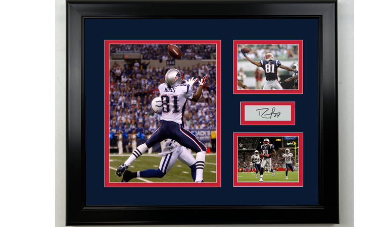 Framed Randy Moss New England Patriots Facsimile Laser Engraved Signature Football 14x11 3 Photo Collage