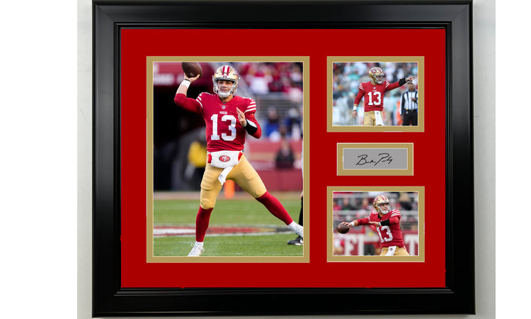 Framed San Francisco 49ers Brock Purdy Facsimile Laser Engraved Signature Football 14x11 3 Photo Collage