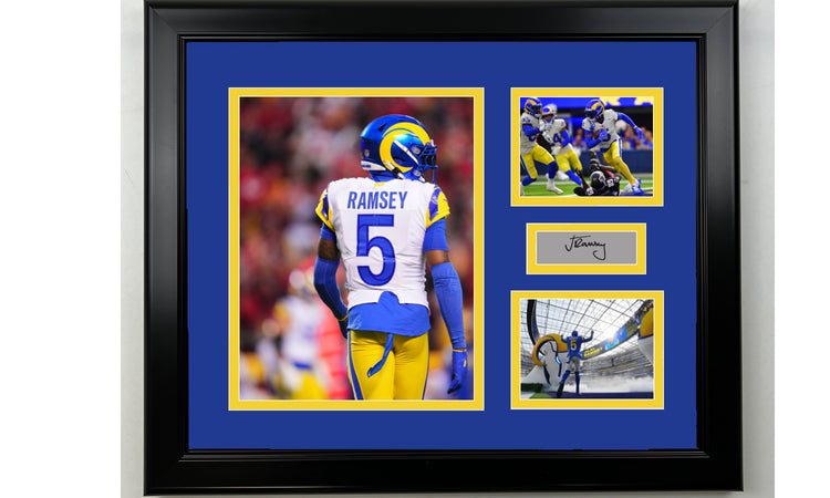 Framed Jalen Ramsey Los Angeles Rams Facsimile Laser Engraved Signature Football 14x11 3 Photo Collage
