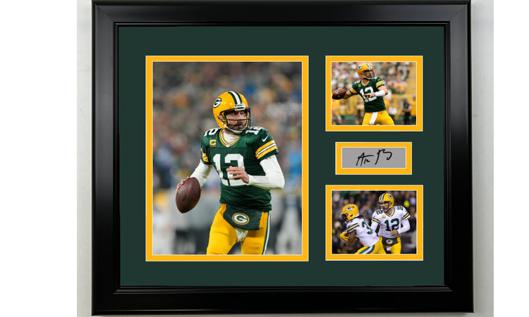 Framed Aaron Rodgers Green Bay Packers Facsimile Laser Engraved Signature Football 14x11 3 Photo Collage