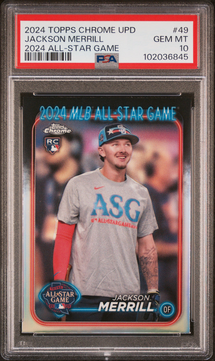 Graded 2024 Topps Chrome Update Jackson Merrill #49 2024 All Star Game Rookie RC Baseball Card PSA 10 Gem Mint