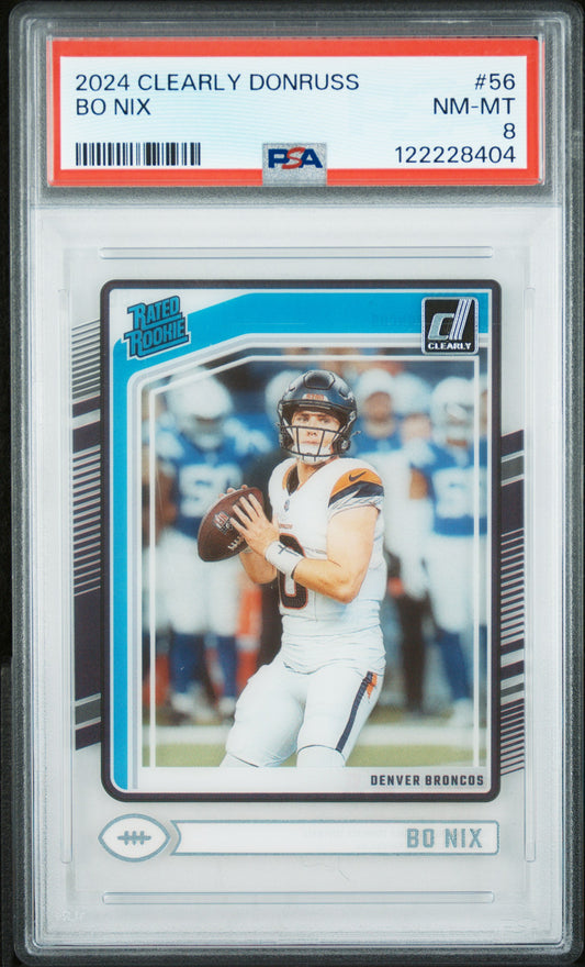 Graded 2024 Panini Clearly Donruss Bo Nix #56 Rookie RC Football Card PSA 8 Near Mint