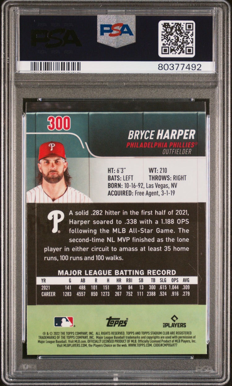 Graded 2022 Topps Stadium Club Bryce Harper #300 Chrome Baseball Card PSA 10 Gem Mint