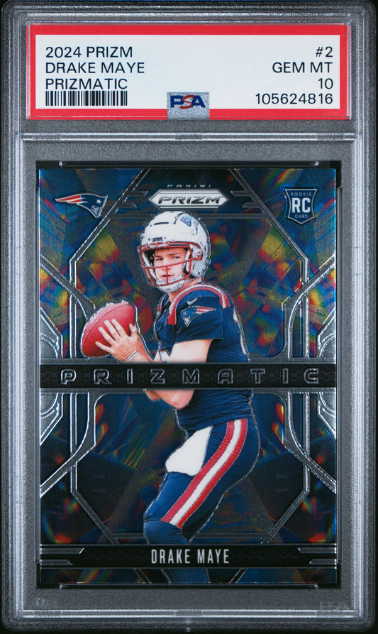 Graded 2024 Panini Prizm Drake Maye #2 Prizmatic Rookie RC Football Card PSA 10 Gem Mint