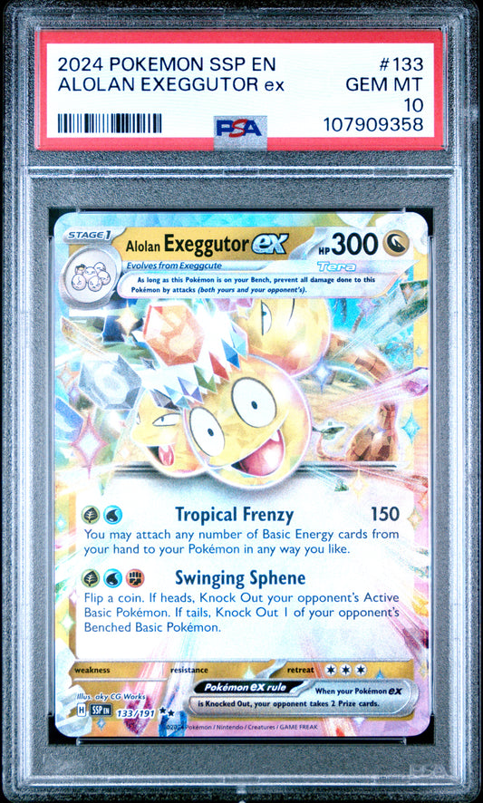 Graded 2024 PKM Ssp En-Surging Sparks Alolan Exeggutor #133 Ex Trading Card Game PSA 10 Gem Mint