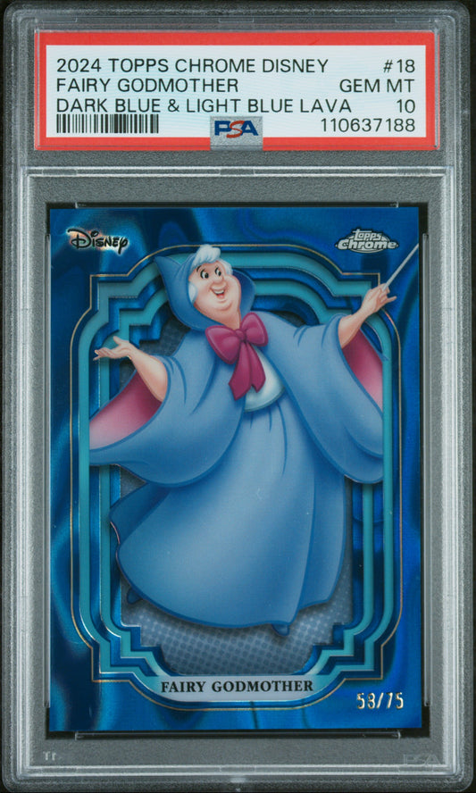 Graded 2024 Topps Chrome Disney Fairy Godmother #18 Dark Blue & Light Blue Lava #/75 Cinderella Trading Card PSA 10 Gem Mint