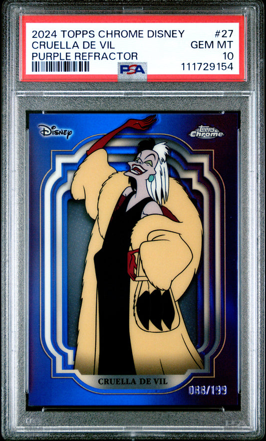Graded 2024 Topps Chrome Disney Cruella De Vil #27 Purple Refractor #/199 101 Dalmations Trading Card PSA 10 Gem Mint
