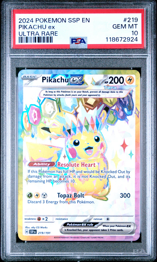 Graded 2024 PKM SSP EN Surging Sparks Pikachu Ex #219 Ultra Rare Trading Card Game PSA 10 Gem Mint