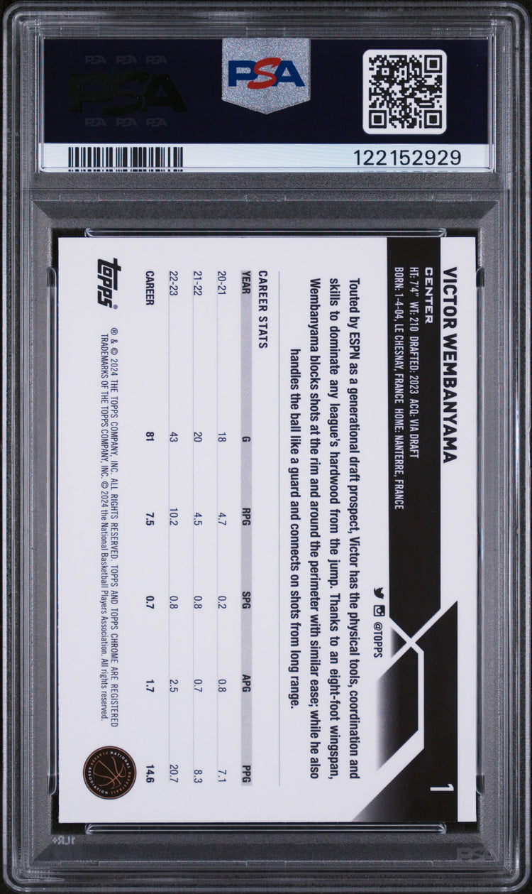 Graded 2023 Topps Chrome Victor Wembanyama #1 Rookie RC Basketball Card PSA 10 Gem Mint