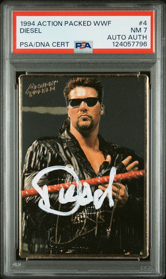 Graded 1994 Action Packed WWF Kevin Nash Diesel #4 Rookie RC Signed Wrestling Card PSA 7 Card - Auto Grade Authentic