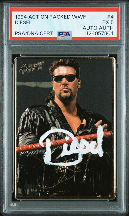 Graded 1994 Action Packed WWF Kevin Nash Diesel #4 Rookie RC Signed Wrestling Card PSA 5 Card - Auto Grade Authentic