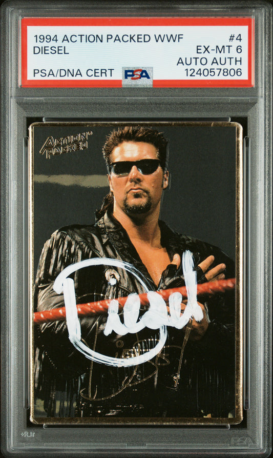 Graded 1994 Action Packed WWF Kevin Nash Diesel #4 Rookie RC Signed Wrestling Card PSA 6 Card - Auto Grade Authentic