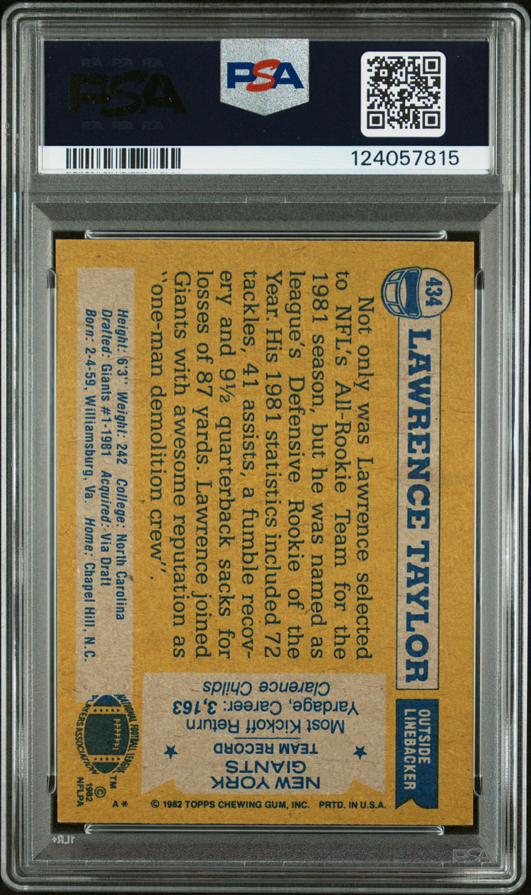 Graded 1982 Topps Lawrence Taylor #434 Rookie RC Signed Football Card PSA 6 Card - Auto Grade Authentic