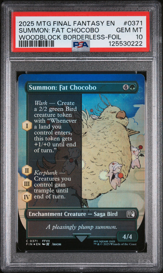 Graded 2025 Magic The Gathering Final Fantasy Summon: Fat Chocobo #0317 Woodblock Borderless Foil Card PSA 10 Gem Mint