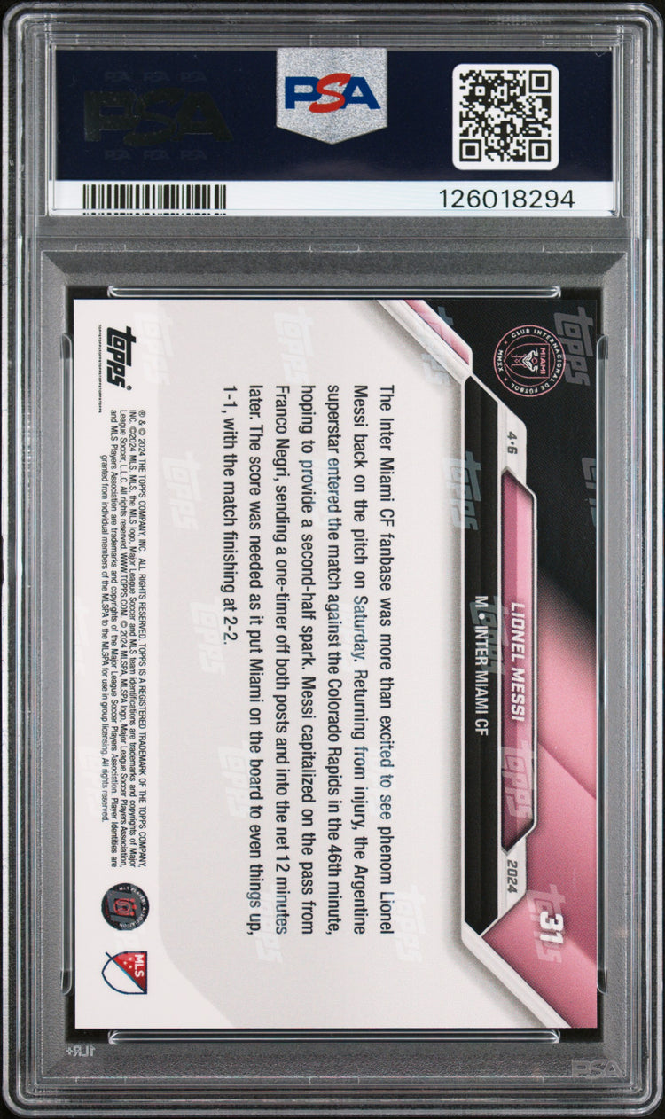 Graded 2024 Topps Now MLS Lionel Messi #31 Celebrates Return to Pitch with Glorious Golazo Soccer Card PSA 10 Gem Mint