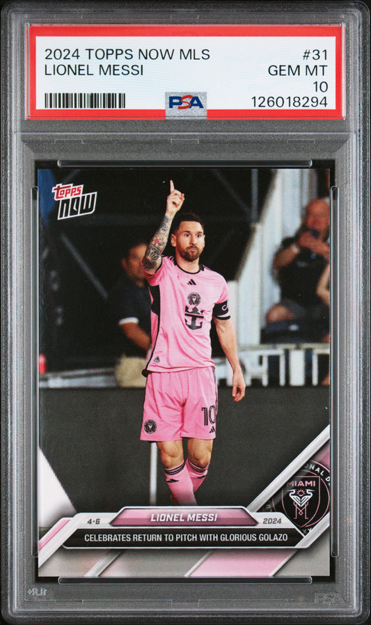Graded 2024 Topps Now MLS Lionel Messi #31 Celebrates Return to Pitch with Glorious Golazo Soccer Card PSA 10 Gem Mint