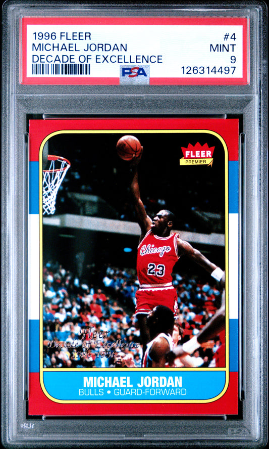 Graded 1996 Fleer Michael Jordan #4 Decade of Excellence Rookie Reprint Basketball Card PSA 9 Mint