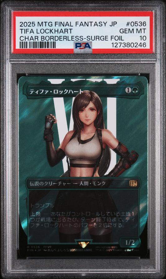 Graded 2025 Magic The Gathering Final Fantasy 7 JP Tifa Lockhart #0536 Char Borderless Surge Foil Card PSA 10 Gem Mint
