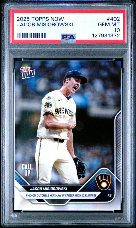 Graded 2025 Topps Now Jacob Misiorowski #402 Phenom Outduels Kershaw with Career High 12Ks in Win Rookie RC Baseball Card PSA 10 Gem Mint
