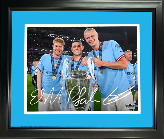 Framed Erling Haaland, Kevin De Bruyne & Phil Foden Facsimile Laser Engraved Signature Auto Manchester City 11"x14" Soccer Photo HOFSM Holo