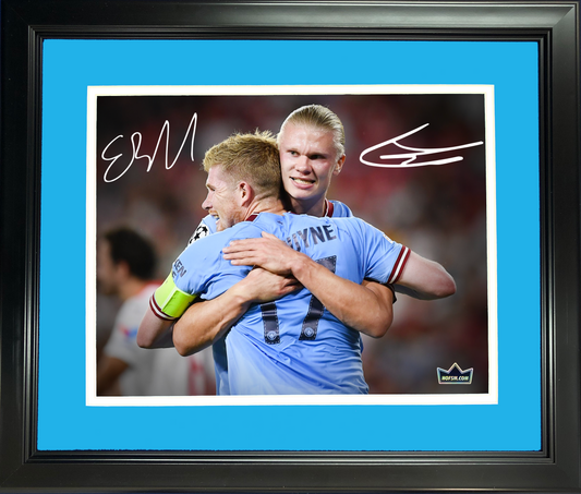 Framed Erling Haaland & Kevin De Bruyne Dual Facsimile Laser Engraved Signature Auto Manchester City 11"x14" Soccer Photo HOFSM Holo