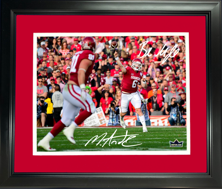 Framed Baker Mayfield & Mark Andrews Dual Facsimile Laser Engraved Signature Auto Oklahoma Sooners 11"x14" College Football Photo HOFSM Holo