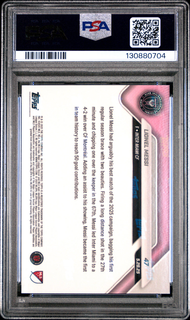 Graded 2025 Topps Now Lionel Messi #47 1st Miami Player to Reach 50 Goal Contributions Soccer Card PSA 10 Gem Mint