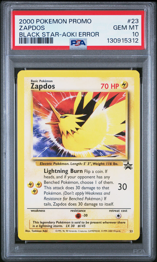 Graded 2000 PKM Promo Zapdos #23 Black Star Aoki Error Trading Card Game PSA 10 Gem Mint