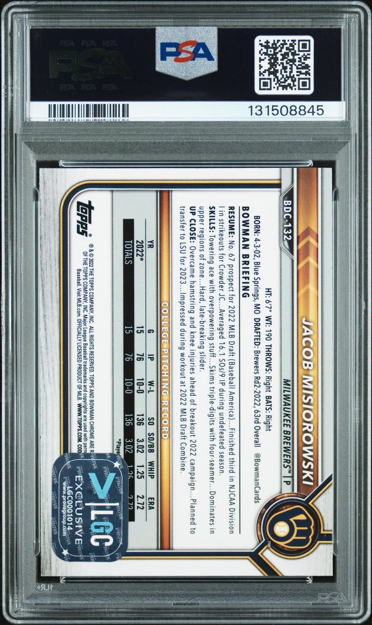 Graded 2022 Topps Bowman Draft Jacob Misiorowski #BDC-132 Chrome Rookie RC Baseball Card PSA 10 Auto Grade Gem Mint