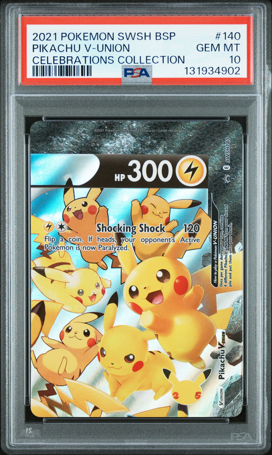 Graded 2021 PKM SWSH BSP Pikachu V-Union #140 Celebrations Sword and Shield Black Star Promo Trading Card Game PSA 10 Gem Mint