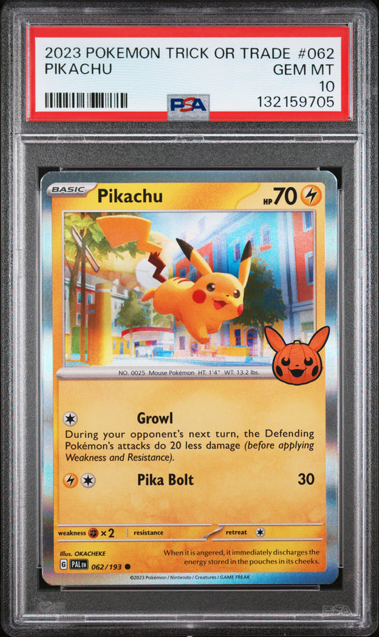 Graded 2023 PKM Trick or Trade Pikachu #062 Trading Card Game Halloween PSA 10 Gem Mint