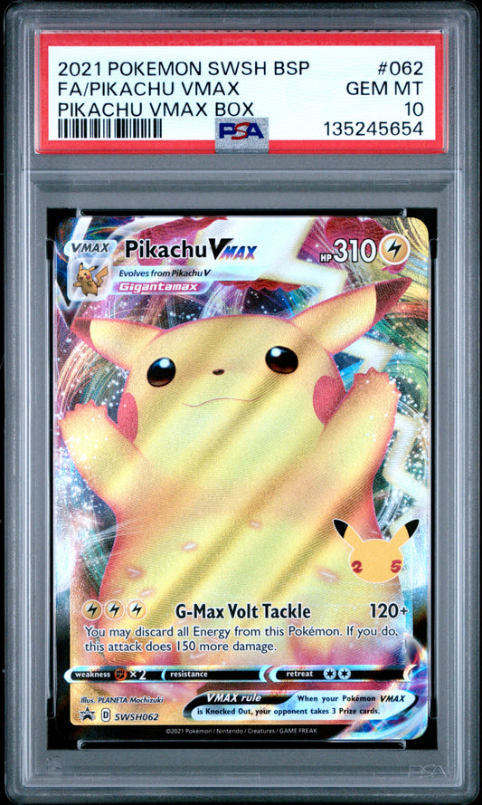 Graded 2021 PKM SWSH BSP FA Pikachu #062 VMAX Box Trading Card Game PSA 10 Gem Mint