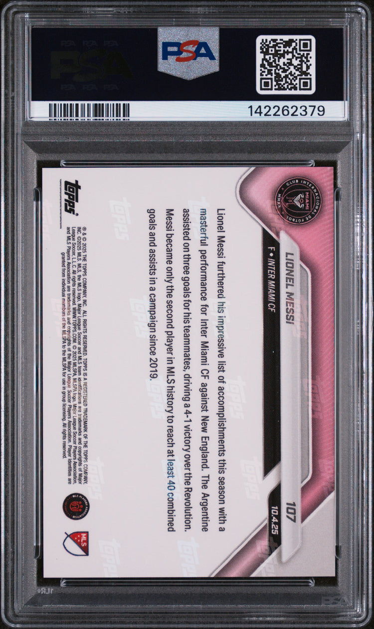 Graded 2025 Topps Now MLS Lionel Messi #107 Trio of Assists Adds to Historic Campaign Soccer Card PSA 9 Mint