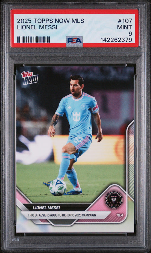 Graded 2025 Topps Now MLS Lionel Messi #107 Trio of Assists Adds to Historic Campaign Soccer Card PSA 9 Mint