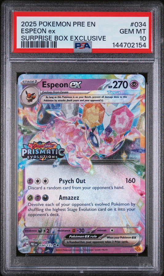 Graded 2025 PKM PRE EN Espeon Ex #034 Surprise Box Exclusive SBE Prismatic Evolutions Trading Card Game PSA 10 Gem Mint