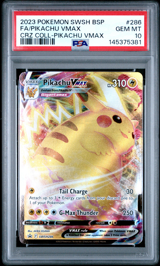 Graded 2023 PKM Swsh Black Star Promo #286 Fa/Pikachu Vmax Crz Coll-Pikachu Vmax Trading Card Game PSA 10 Gem Mint