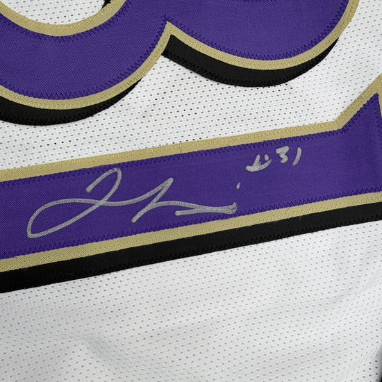 Autographed/Signed Jamal Lewis Baltimore White Football Jersey Beckett BAS COA